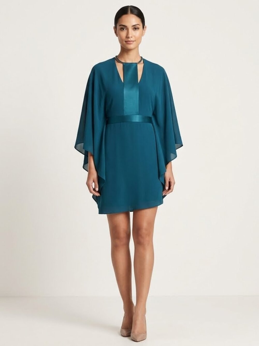 Halston Heritage Teal Cape Sleeve Mini Dress Satin Waist Size 6